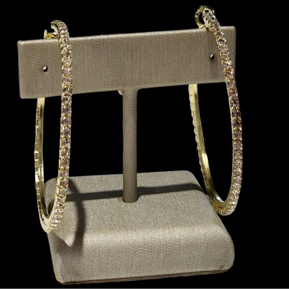 Bohemian Style Gold Plated Round Pave Rhinestone Oversized‎ Hoop Earrings 1.9in - Picture 7 of 16